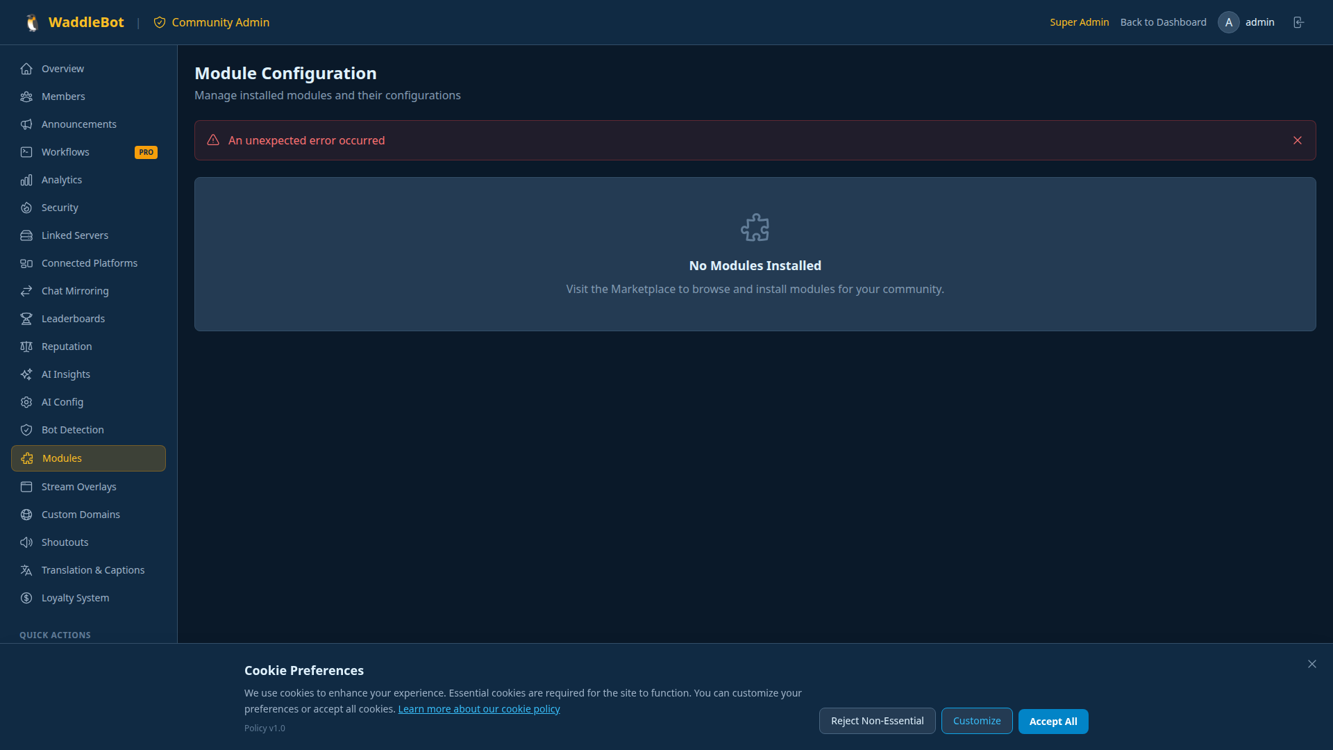 Waddles Hub module management panel