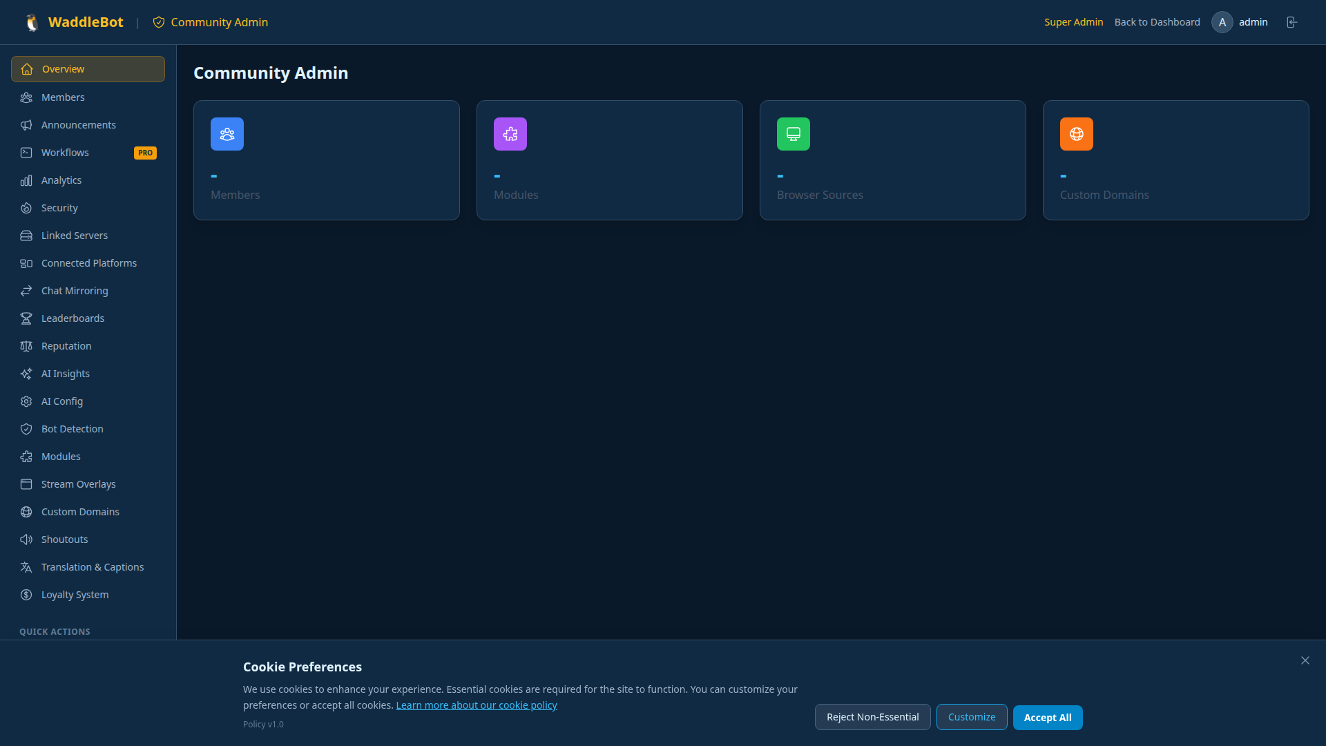 Waddles admin overview panel