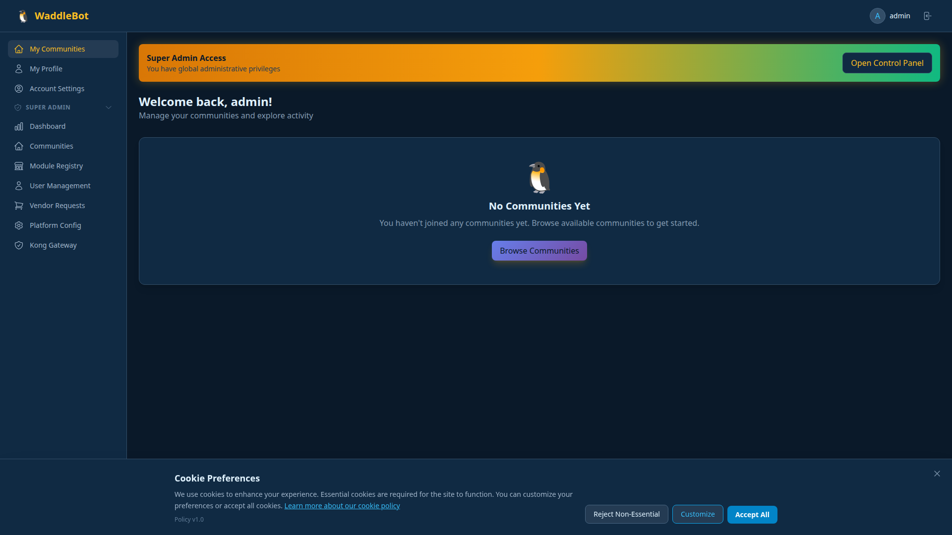 Waddles user dashboard